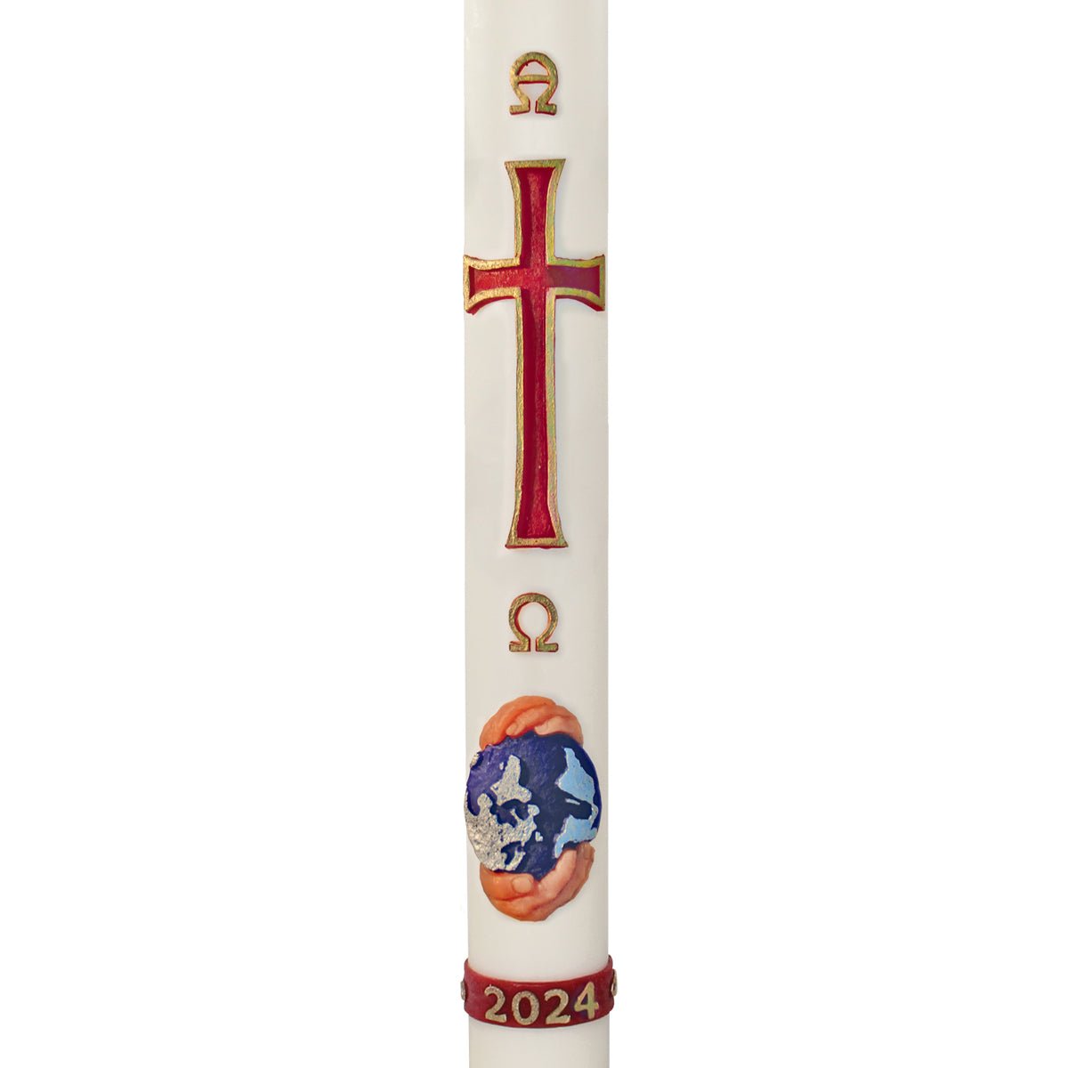World in Hands & Cross Wax Relief Paschal Candle - Hayes & Finch