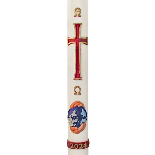 World in Hands & Cross Wax Relief Paschal Candle - Hayes & Finch